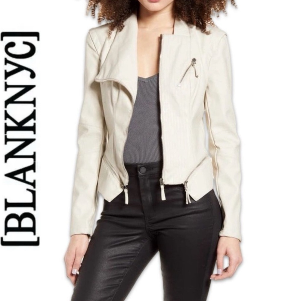 Blank NYC 🤍Cream Asymmetric Faux-Leather Moto Jacket - Picture 1 of 7